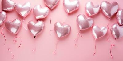 AI generated Assorted heart shaped balloons in pink and silver with small paper hearts on a light pink background photo