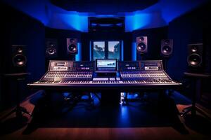 AI generated A professional music studio with a large mixing console, computer monitors, and studio monitors photo