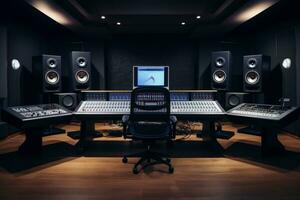 ai generado un profesional música estudio con un grande mezcla consola, computadora monitores, y estudio monitores foto