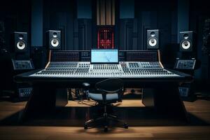 ai generado un profesional música estudio con un grande mezcla consola, computadora monitores, y estudio monitores foto