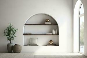 AI generated Minimalistic shelf design in an arch niche with various decorative items photo