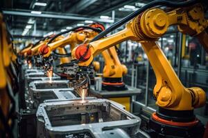 AI generated Industrial robotic arms working on an assembly line in a factory photo