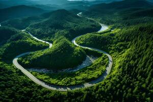 ai generado aéreo ver de un la carretera devanado mediante un denso bosque y corriendo junto a un lago foto