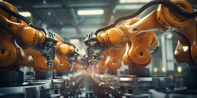AI generated Industrial robotic arms working on an assembly line in a factory photo