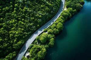 AI generated Aerial view of a road winding through a dense forest and running alongside a lake photo