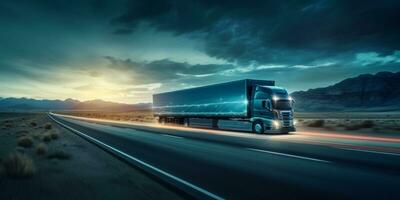 AI generated Semi truck driving on highway with digital connectivity and data streams concept photo