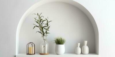 AI generated Minimalistic shelf design in an arch niche with various decorative items photo