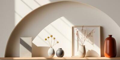 AI generated Minimalistic shelf design in an arch niche with various decorative items photo