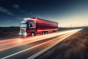 AI generated Semi truck driving on highway with digital connectivity and data streams concept photo