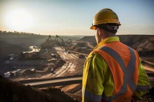 AI generated Rear view of a worker in high visibility gear overlooking a mining operation at dusk photo