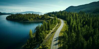 AI generated Aerial view of a road winding through a dense forest and running alongside a lake photo