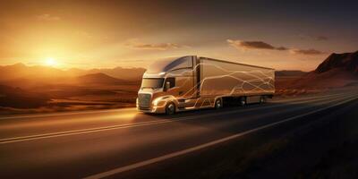 AI generated Semi truck driving on highway with digital connectivity and data streams concept photo