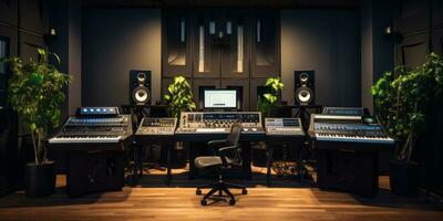 AI generated A professional music studio with a large mixing console, computer monitors, and studio monitors photo
