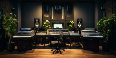 ai generado un profesional música estudio con un grande mezcla consola, computadora monitores, y estudio monitores foto