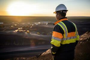 AI generated Rear view of a worker in high visibility gear overlooking a mining operation at dusk photo