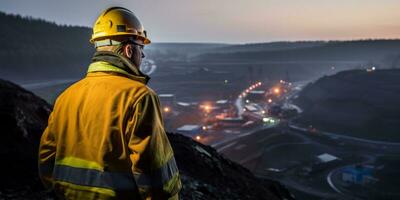 AI generated Rear view of a worker in high visibility gear overlooking a mining operation at dusk photo