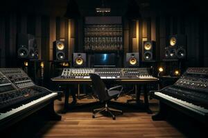 AI generated A professional music studio with a large mixing console, computer monitors, and studio monitors photo