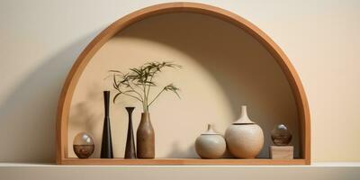 AI generated Minimalistic shelf design in an arch niche with various decorative items photo