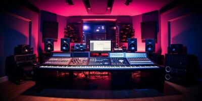 AI generated A professional music studio with a large mixing console, computer monitors, and studio monitors photo