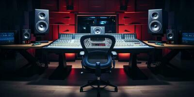 ai generado un profesional música estudio con un grande mezcla consola, computadora monitores, y estudio monitores foto