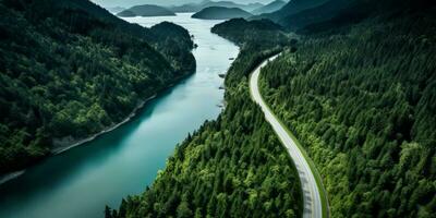 ai generado aéreo ver de un la carretera devanado mediante un denso bosque y corriendo junto a un lago foto