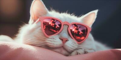 ai generado gato vistiendo corazón conformado Gafas de sol acostado en un almohada foto