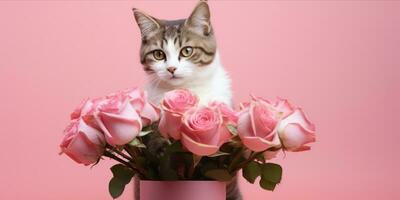 ai generado gato participación un ramo de flores de rosado rosas foto