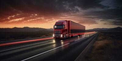 AI generated Semi truck driving on highway with digital connectivity and data streams concept photo