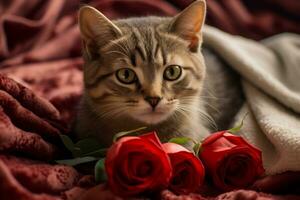 AI generated Cat with a rose on a blanket photo