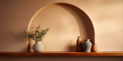 AI generated Minimalistic shelf design in an arch niche with various decorative items photo