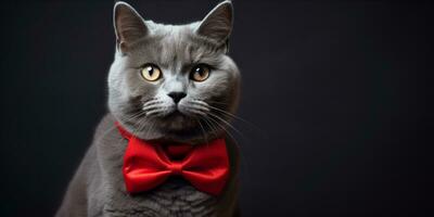 AI generated Grey cat with a red bow tie looking up photo