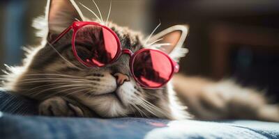 ai generado gato vistiendo corazón conformado Gafas de sol acostado en un almohada foto