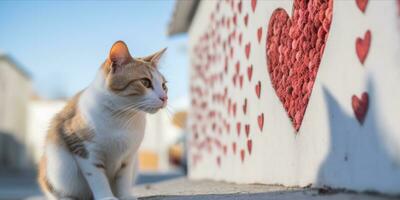 ai generado gato mirando a un corazón en el pared foto