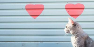 ai generado gato mirando a un corazón en el pared foto