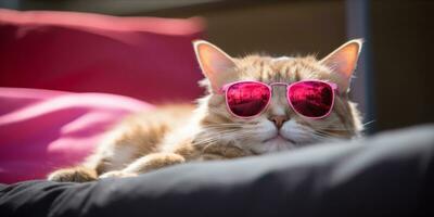 AI generated Cat wearing heart shaped sunglasses lying on a pillow photo