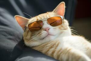 ai generado gato vistiendo corazón conformado Gafas de sol acostado en un almohada foto