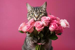 AI generated Cat holding a bouquet of pink roses photo