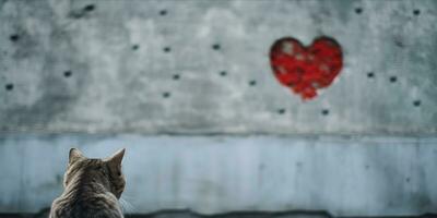 ai generado gato mirando a un corazón en el pared foto