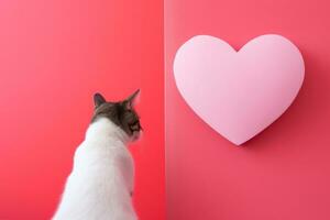 ai generado gato mirando a un corazón en el pared foto