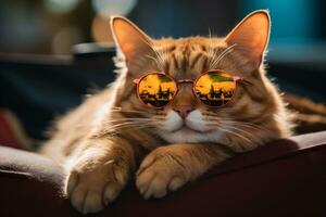 ai generado gato vistiendo corazón conformado Gafas de sol acostado en un almohada foto