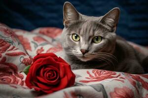 AI generated Cat with a rose on a blanket photo