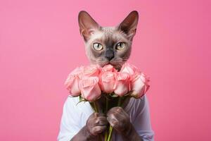 AI generated Cat holding a bouquet of pink roses photo