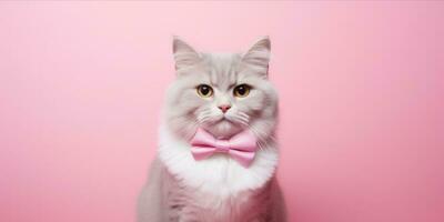 ai generado gato con rosado arco Corbata en rosado antecedentes foto