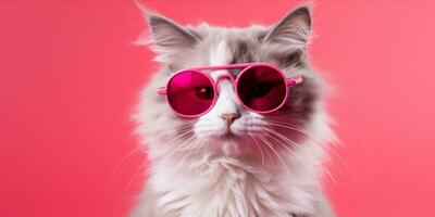 ai generado gato con corazón conformado Gafas de sol en rosado antecedentes foto