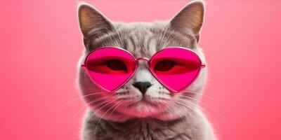 ai generado gato con corazón conformado Gafas de sol en rosado antecedentes foto