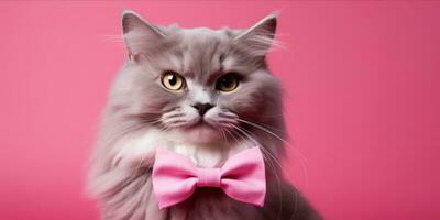 AI generated Cat with pink bow tie on pink background photo