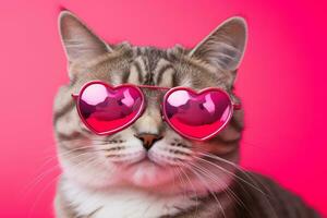 ai generado gato con corazón conformado Gafas de sol en rosado antecedentes foto