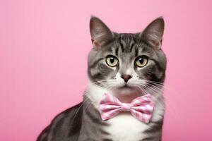 AI generated Cat with pink bow tie on pink background photo