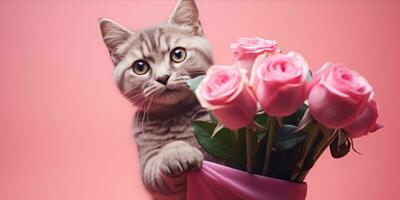 AI generated Cat holding a bouquet of pink roses photo
