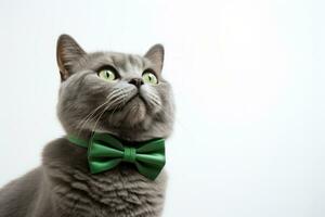 AI generated Grey cat with a red bow tie looking up photo
